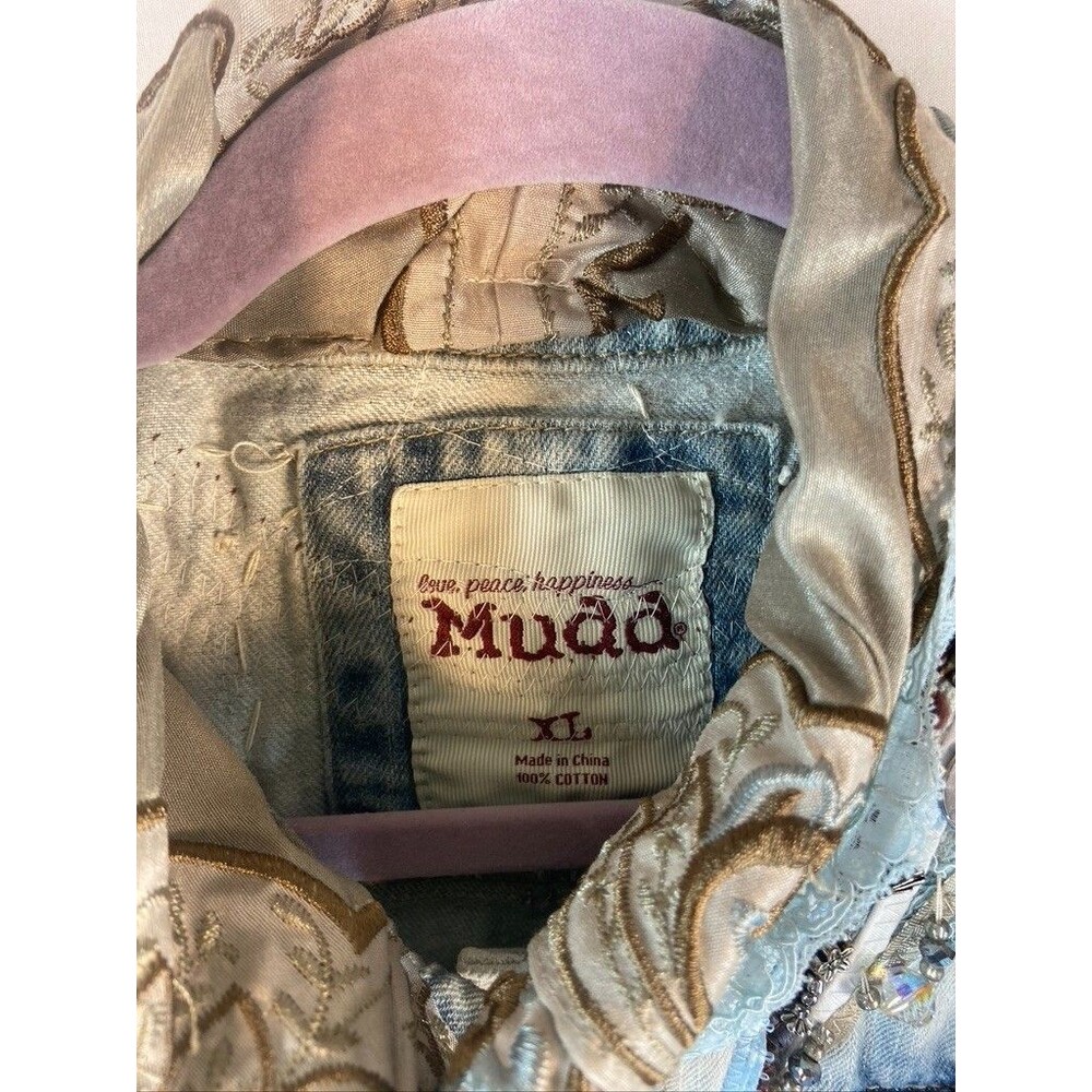 MUDD JUNIORS XLARGE DENIM VEST LACE SEQUINS BEADS BOHO HIPPIE HANDMADE - Picture 2 of 6